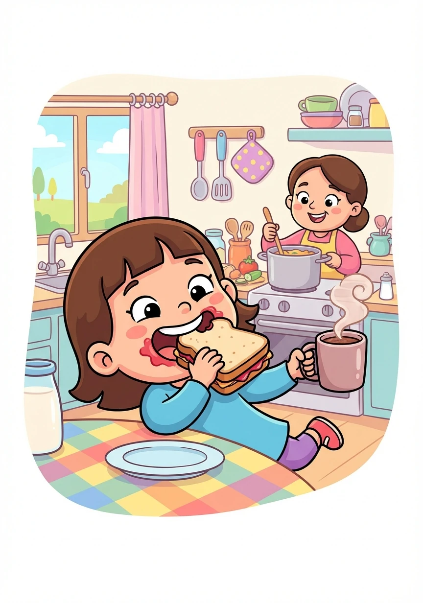 Mama Monika przygotowuje pyszne śniadanie. Sara zjada kanapkę z dżemem i pije ciepłe kakao.