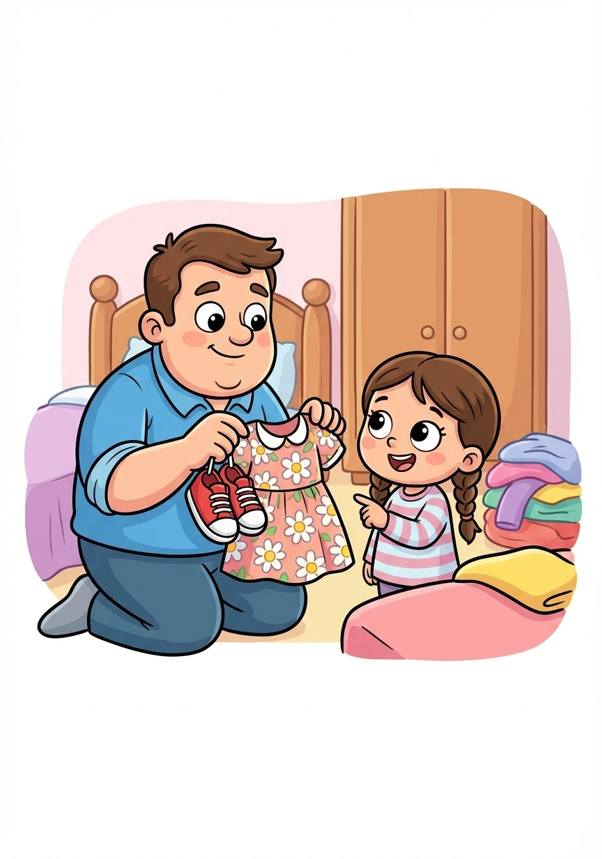 Tata Darek pomaga Sarze się ubrać. Wybierają razem sukienkę w kwiatki i wygodne buciki.