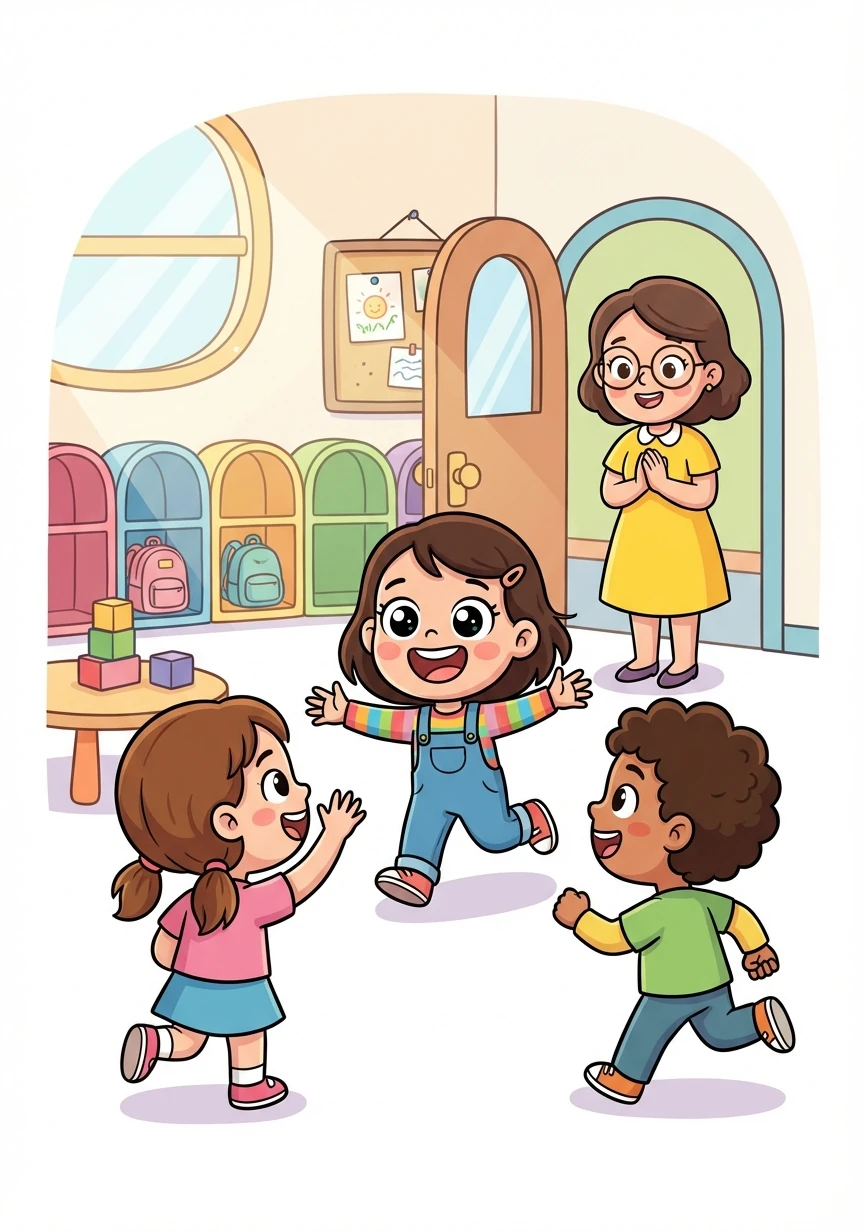 W przedszkolu Sara wita się z uśmiechem ze swoimi przyjaciółmi. Czeka na nich pani Ania.