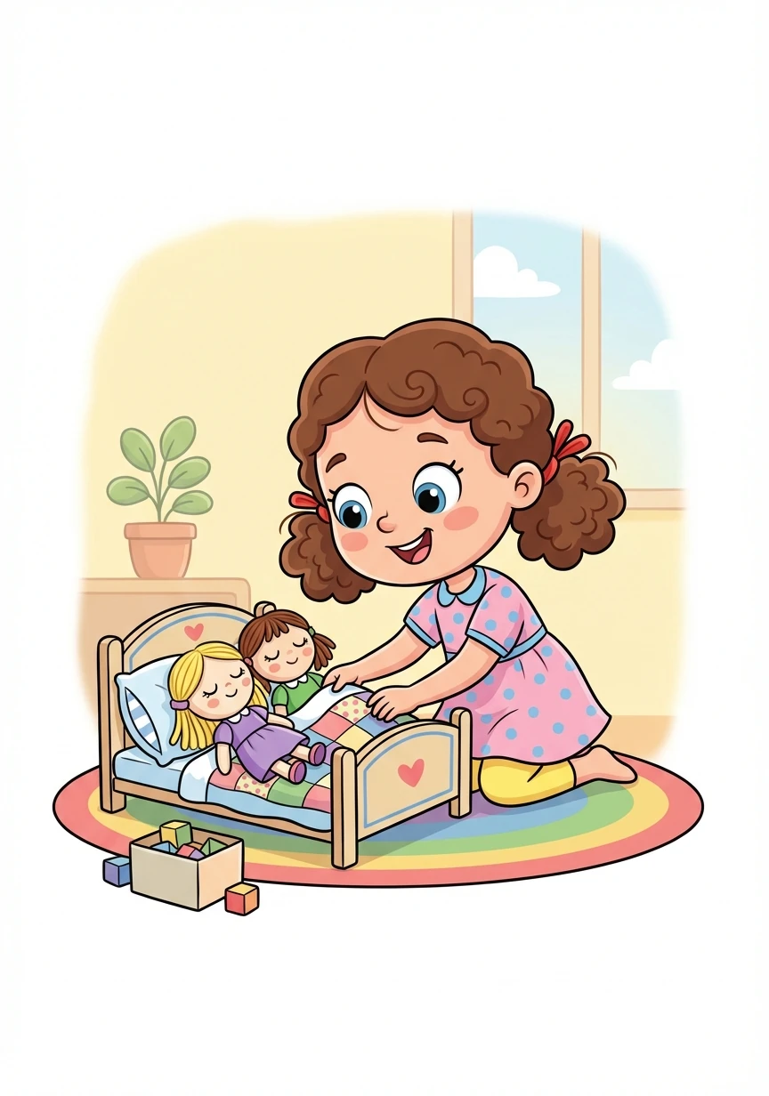 Sara bawi się lalkami Patrycją i Sarą w kąciku zabaw. Układa je do snu w małym łóżeczku.