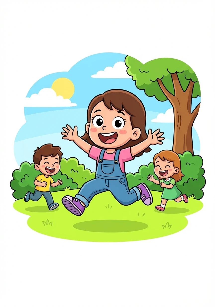 Na podwórku Sara biega i skacze z przyjaciółmi. Grają w berka i śmieją się głośno.