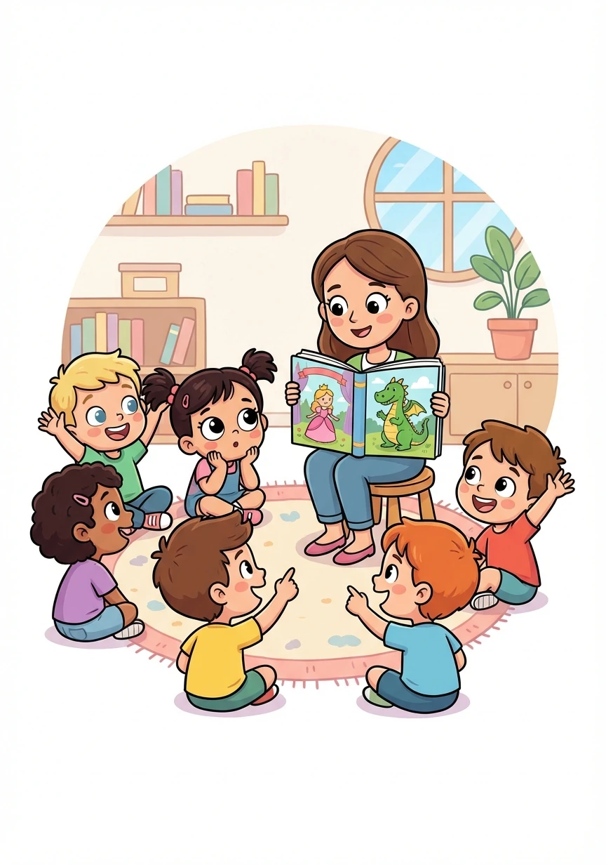 Po obiedzie pani Ania czyta dzieciom bajkę o królewnie i smoku. Sara słucha z zapartym tchem.