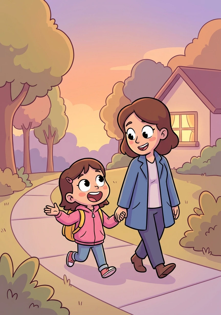 Sara wraca do domu z mamą Moniką. Opowiada o wszystkim, co robiła w przedszkolu.