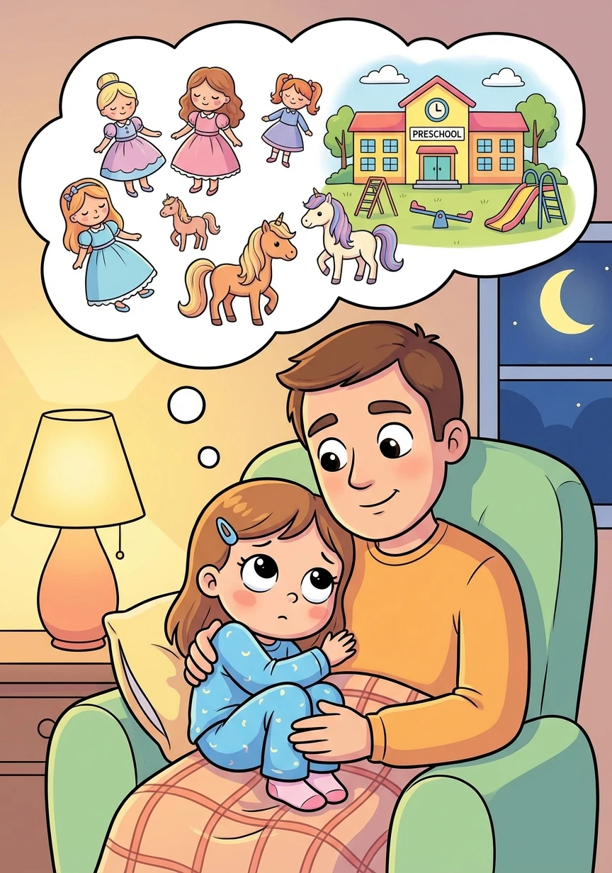 Wieczorem Sara przytula się do taty Darka i zasypia. Śni jej się o lalkach, konikach i przedszkolu.