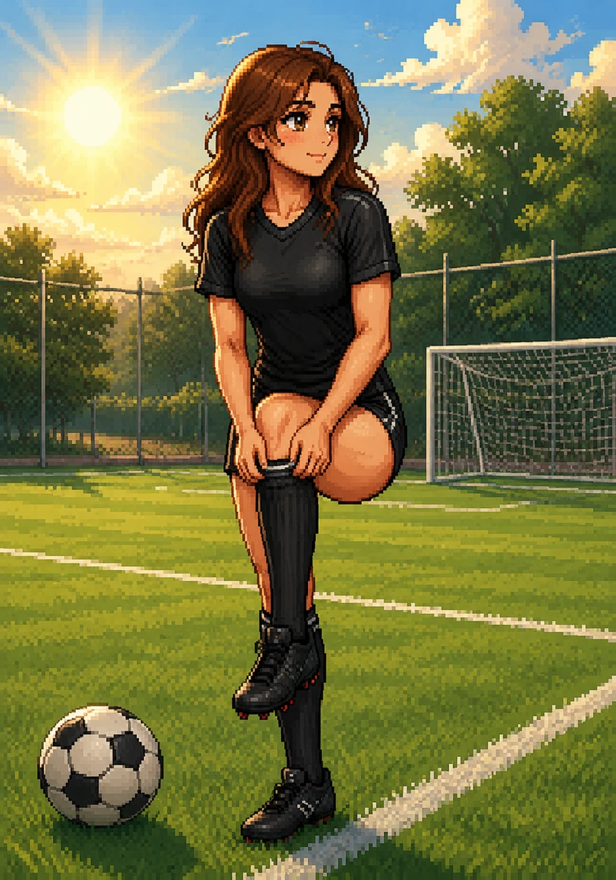 Lulu stands on a sun-drenched soccer field, her sleek black kit gleaming under the morning light. She carefully adjusts her tall socks, her eyes scanning the horizon with a sense of quiet determination and focus.