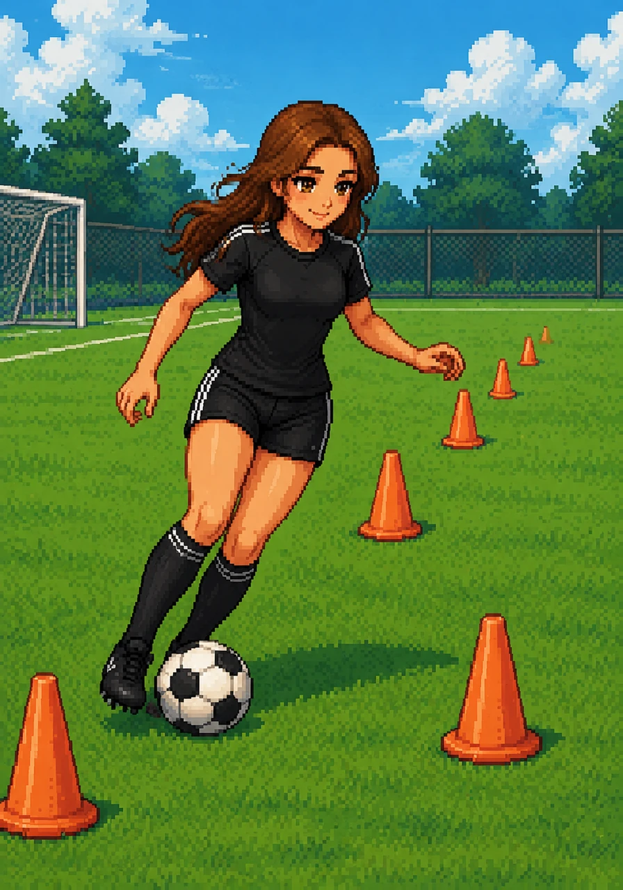 With a ball at her feet, Lulu begins to weave through a series of practice cones on the vibrant green grass. Her movements are fluid and precise, a testament to her dedication and the rhythmic pulse of the game she loves.
