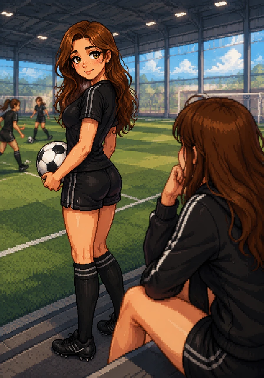 She notices a friendly face watching from the sidelines and offers a soft, dreamy smile that lights up her features. Her gaze is warm and inviting, creating a quiet moment of connection in the vastness of the sports complex.