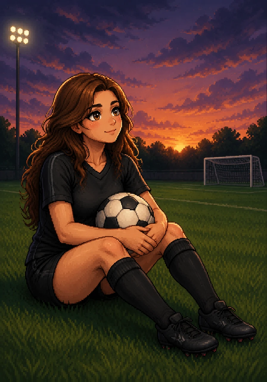Lulu sits on the lush turf, taking a moment to rest and reflect on the day's hard work. She holds the soccer ball close to her lap, her expression thoughtful and serene against the backdrop of the darkening sky.