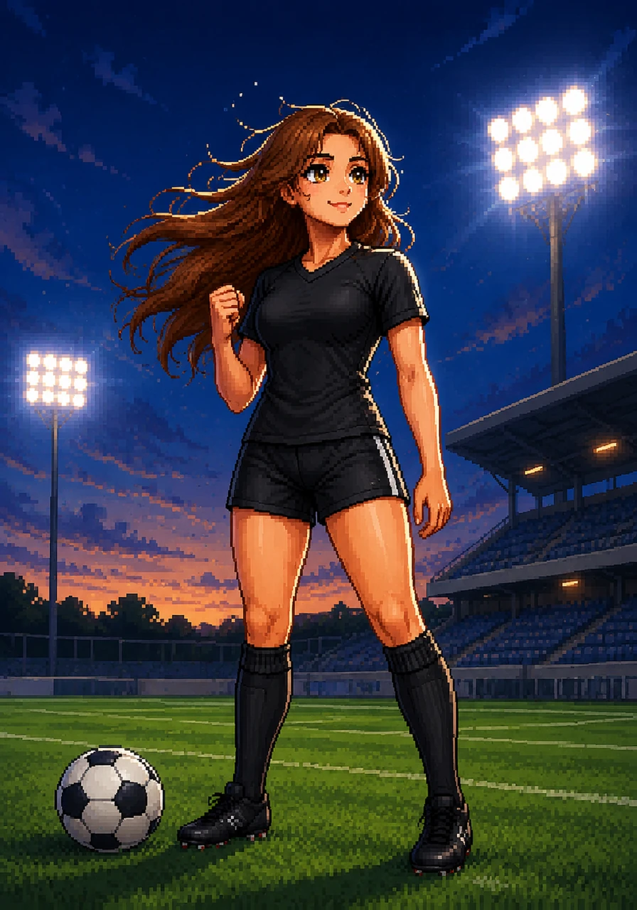A sudden breeze ruffles her hair as she stands back up, energized and ready for one last drill. The stadium lights flicker to life, illuminating her black soccer outfit and tall socks against the deepening blue of the evening.