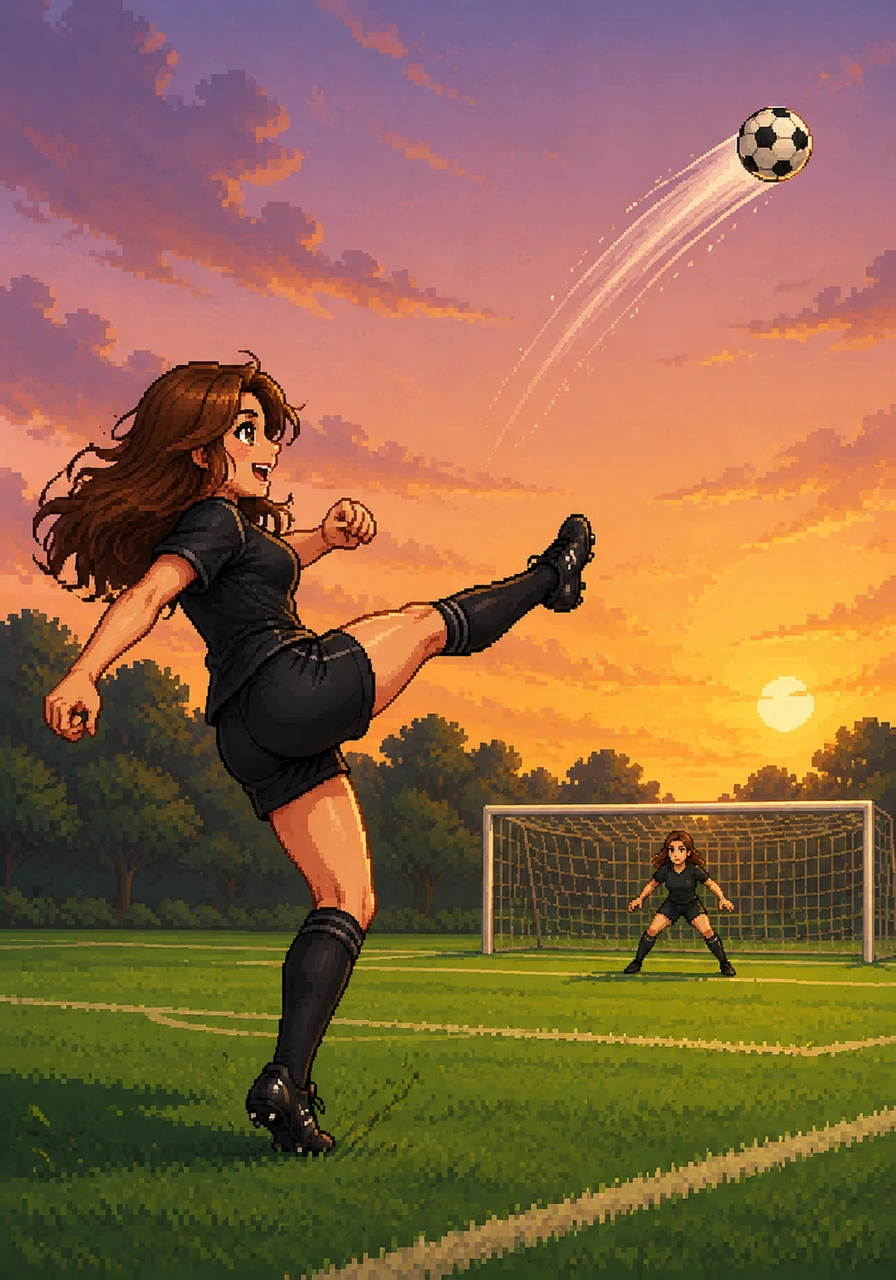 She executes a perfect, powerful kick, sending the ball soaring through the air toward the distant goal. Her eyes follow its arc with a mixture of hope and pure joy, capturing the essence of a perfect athletic moment.