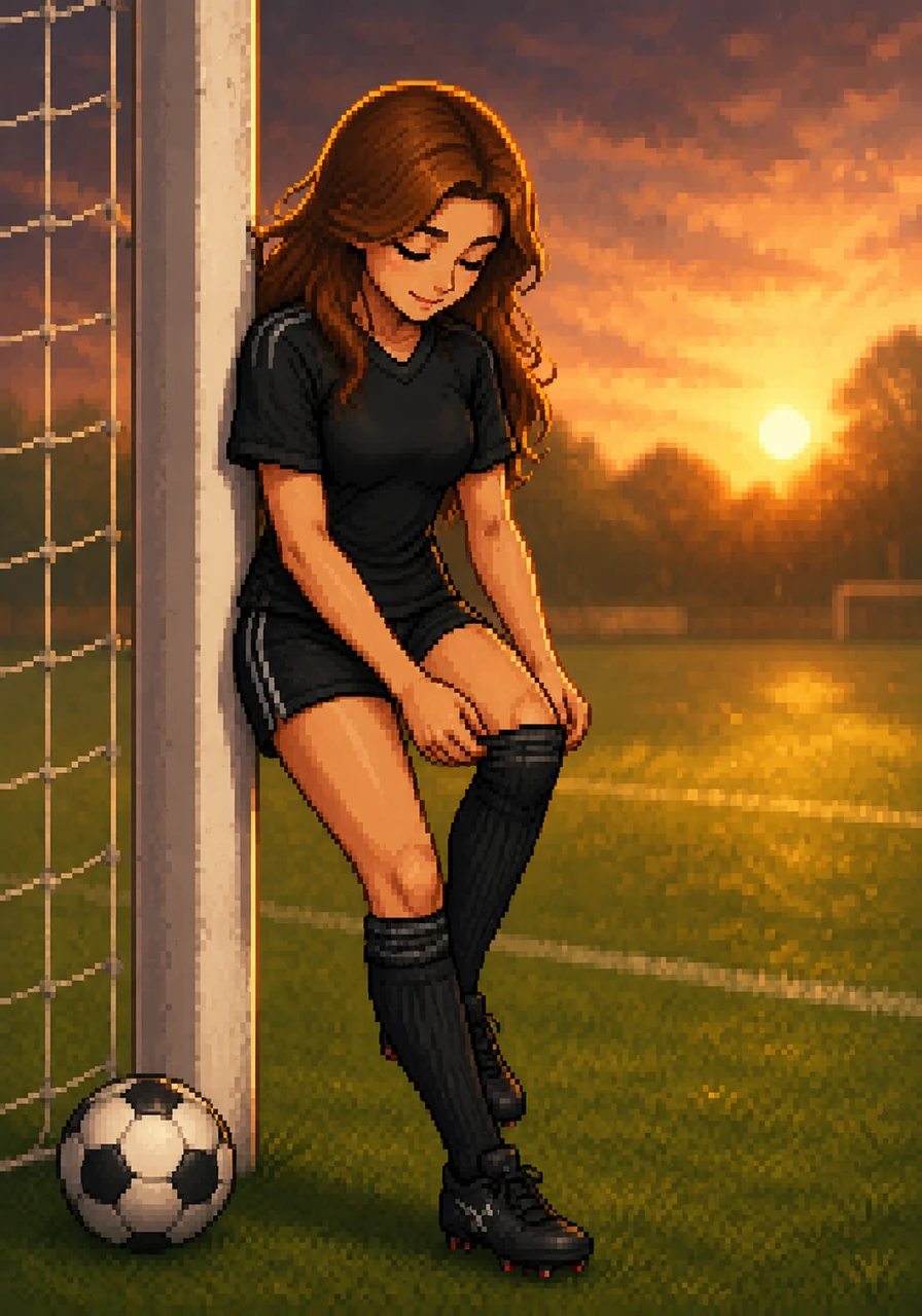 Resting briefly against the white goalpost, she pulls up her tall socks one last time before heading home. The world around her seems to fade away, leaving only the passion for the sport and the quiet confidence in her heart.