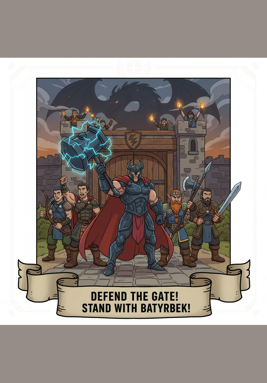 A group of brave warriors joins Batyrbek at the village gates, their powerful horses neighing with restless energy. They carry tall banners that flutter fiercely in the wind, marking the beginning of a legendary campaign to reclaim their stolen lands.