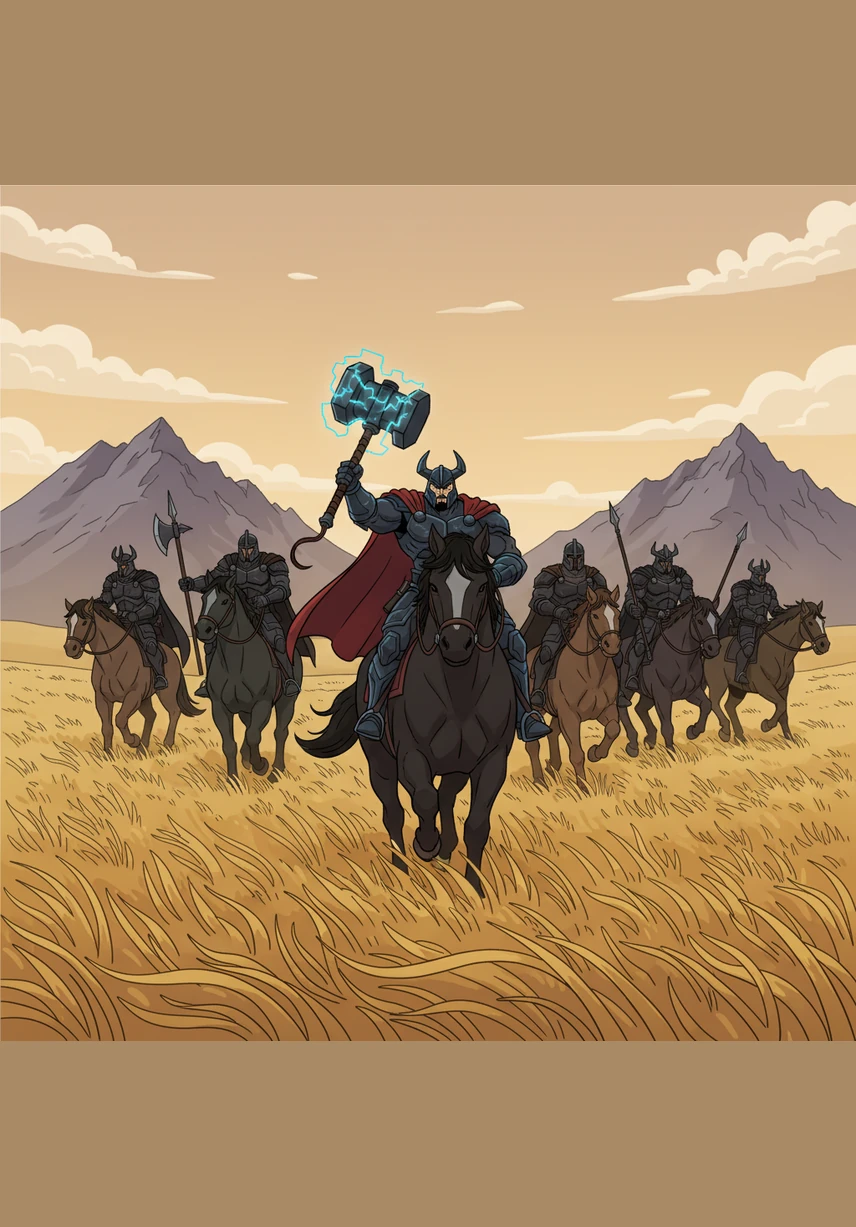The heroes ride across the endless golden steppe, the tall grass waving like a sea around their horses' hooves. The vast horizon promises both breathtaking beauty and hidden danger as they move steadily toward the jagged peaks on the horizon.