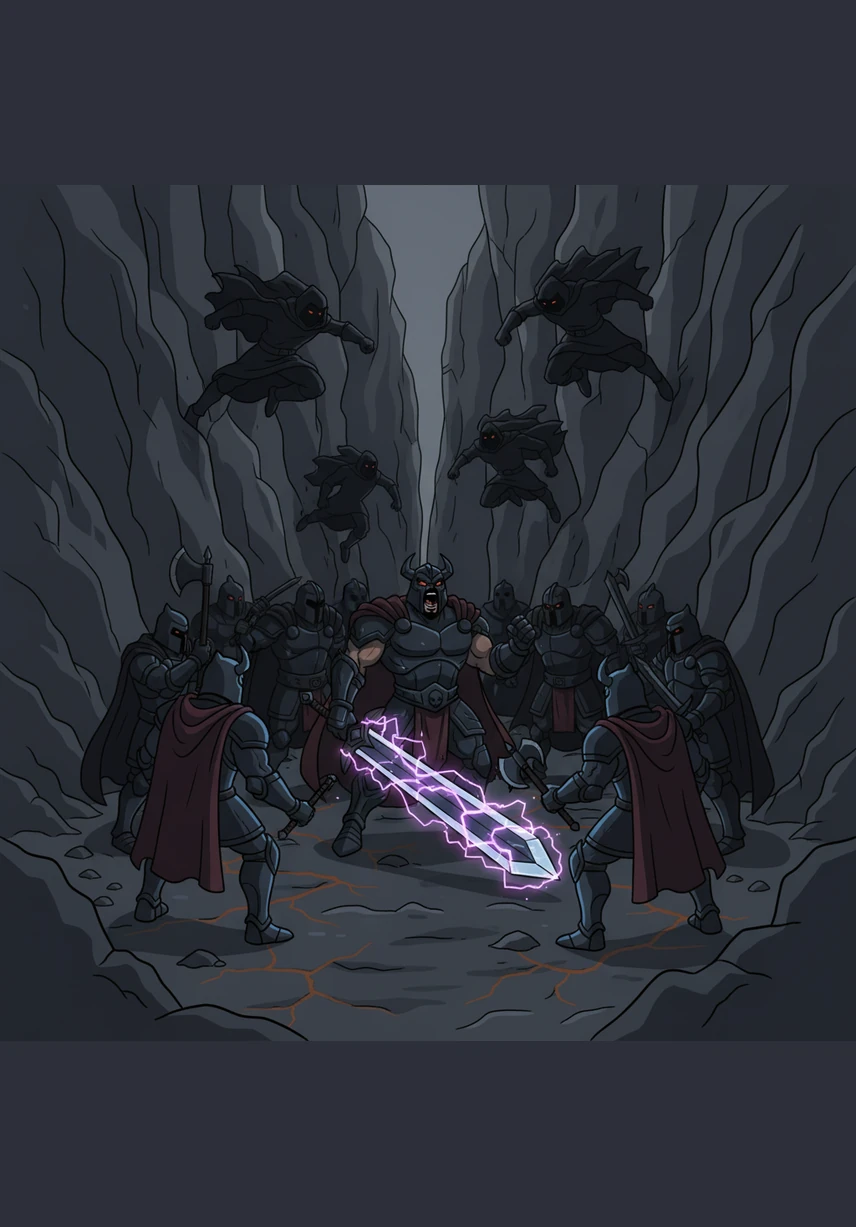 As they enter a narrow rocky canyon, a band of shadow-cloaked raiders leaps from the high cliffs to ambush the party. Batyrbek draws his sword in a flash, his voice a thunderous roar that rallies his men to form a defensive circle.