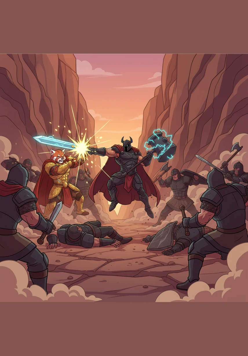 Sparks fly and steel clashes against steel in the heart of the dusty canyon. Batyrbek moves with the speed and grace of a mountain hawk, parrying heavy strikes and leading his warriors to a hard-fought victory against the attackers.