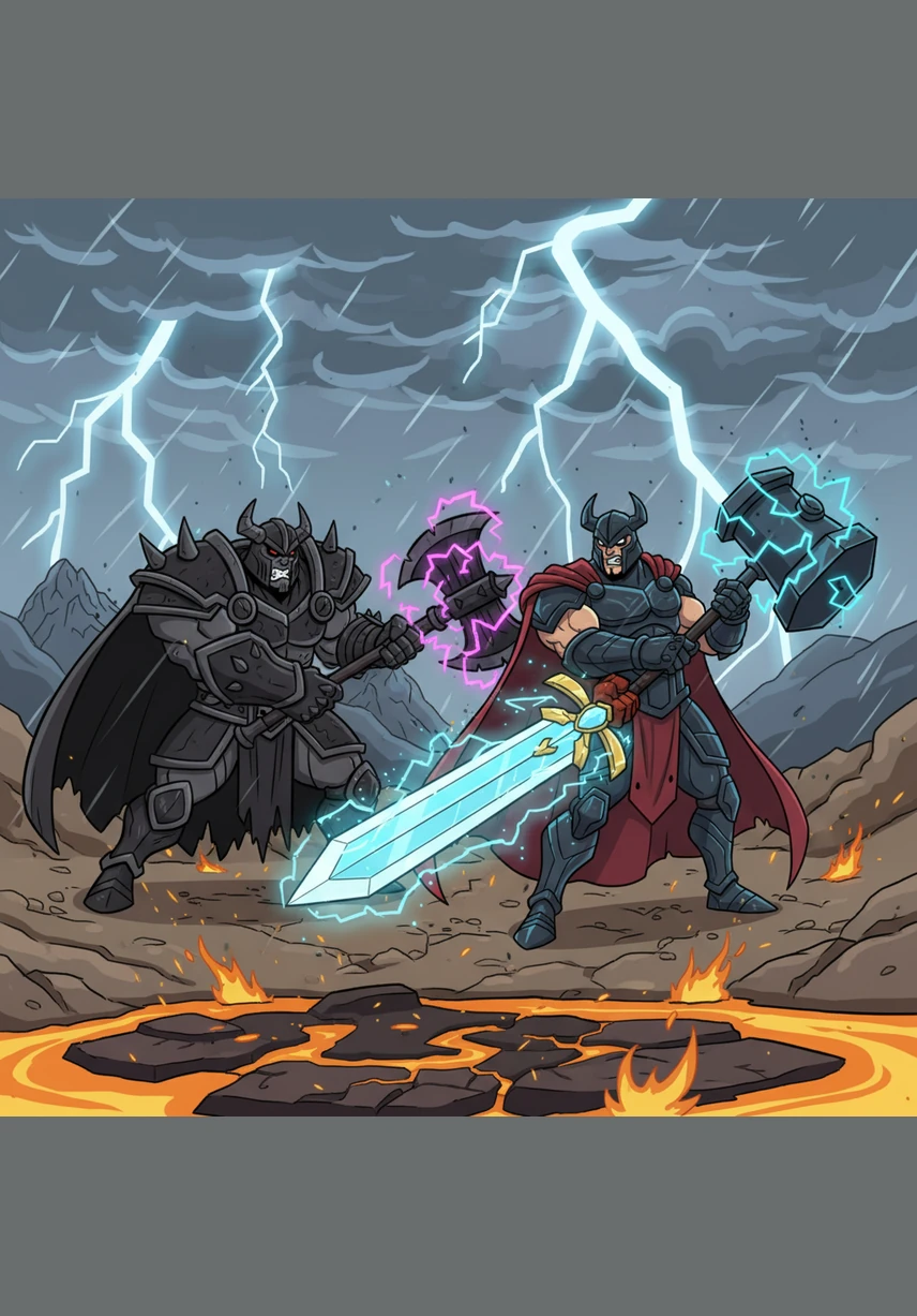 Thunder rolls and lightning strikes the sky as the heroes charge toward the fortress's massive iron gates. Batyrbek leads the way, his shield held high against a rain of arrows as they use a heavy ram to breach the enemy's final defenses.
