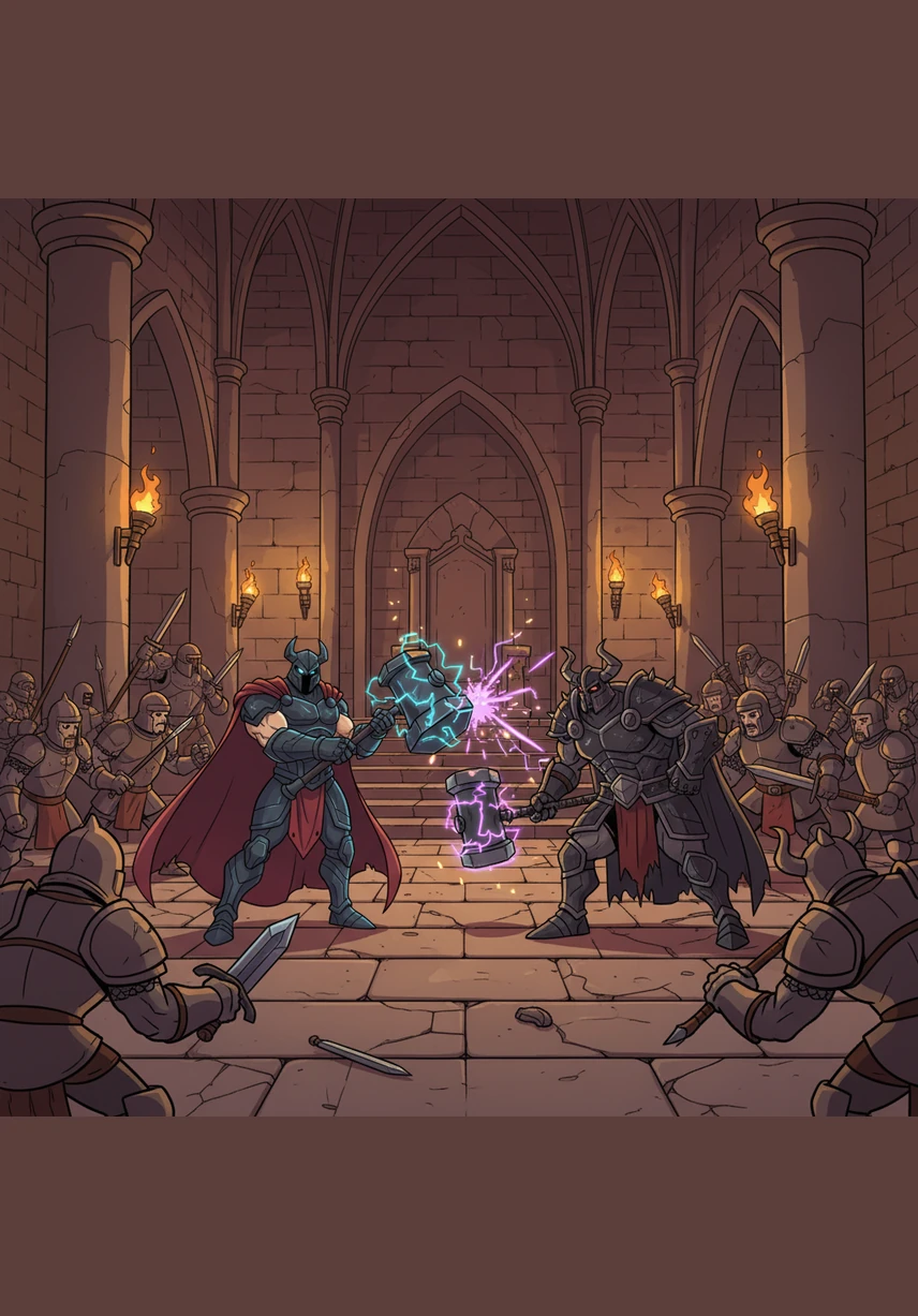 Inside the torch-lit throne room, Batyrbek faces the dark warlord in a final, desperate duel for the fate of the kingdom. The sound of clashing blades echoes through the cold stone halls as the two titans trade blows in a dance of fire and steel.