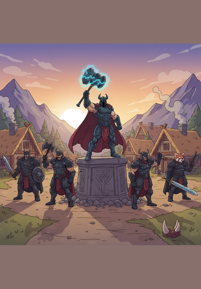 The sun rises over the village as the heroes return, their silhouettes appearing like giants on the golden horizon. The people gather to cheer and feast, celebrating the bravery of Batyrbek and the beginning of a new era of peace and prosperity.