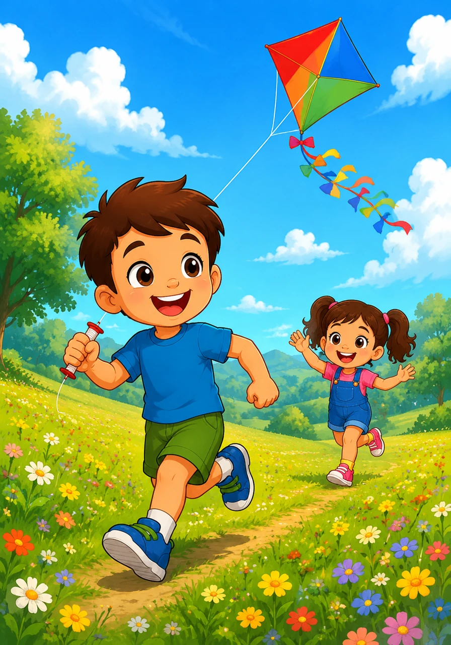 Leo runs into the sunlit meadow, his kite dancing behind him in the gentle breeze. He laughs as the colorful fabric swirls against the bright blue sky.