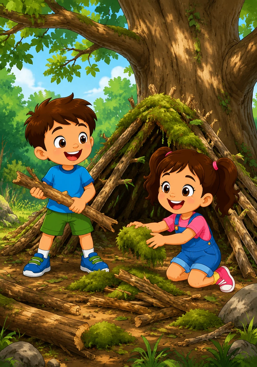 He meets his friend Mia by the old oak tree, where they decide to build a secret fort out of fallen branches and soft moss. Together, they gather materials, their hands busy and their eyes bright with excitement.