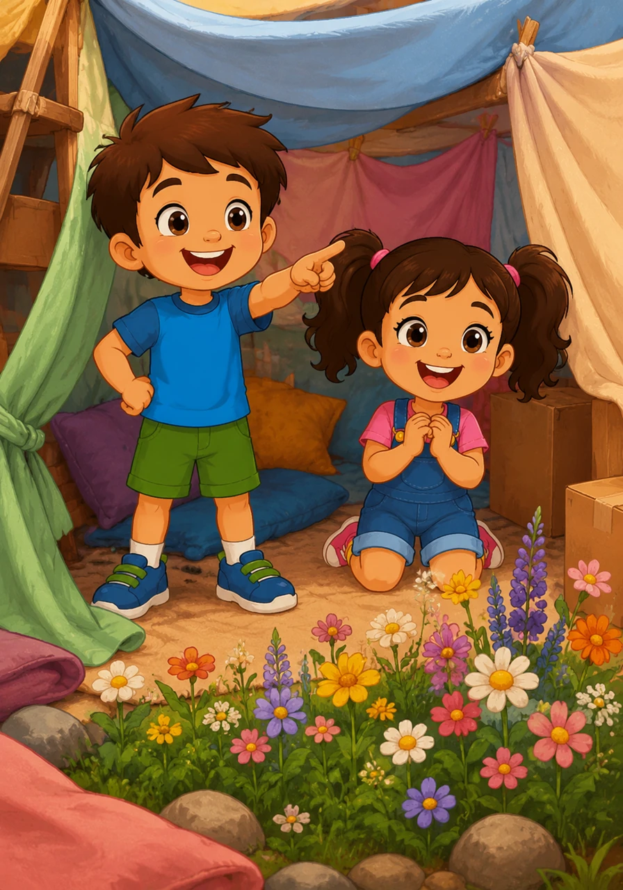 Inside their makeshift fortress, they pretend to be explorers discovering a hidden kingdom. Leo points to a nearby patch of wildflowers, declaring it the royal garden of their new land.