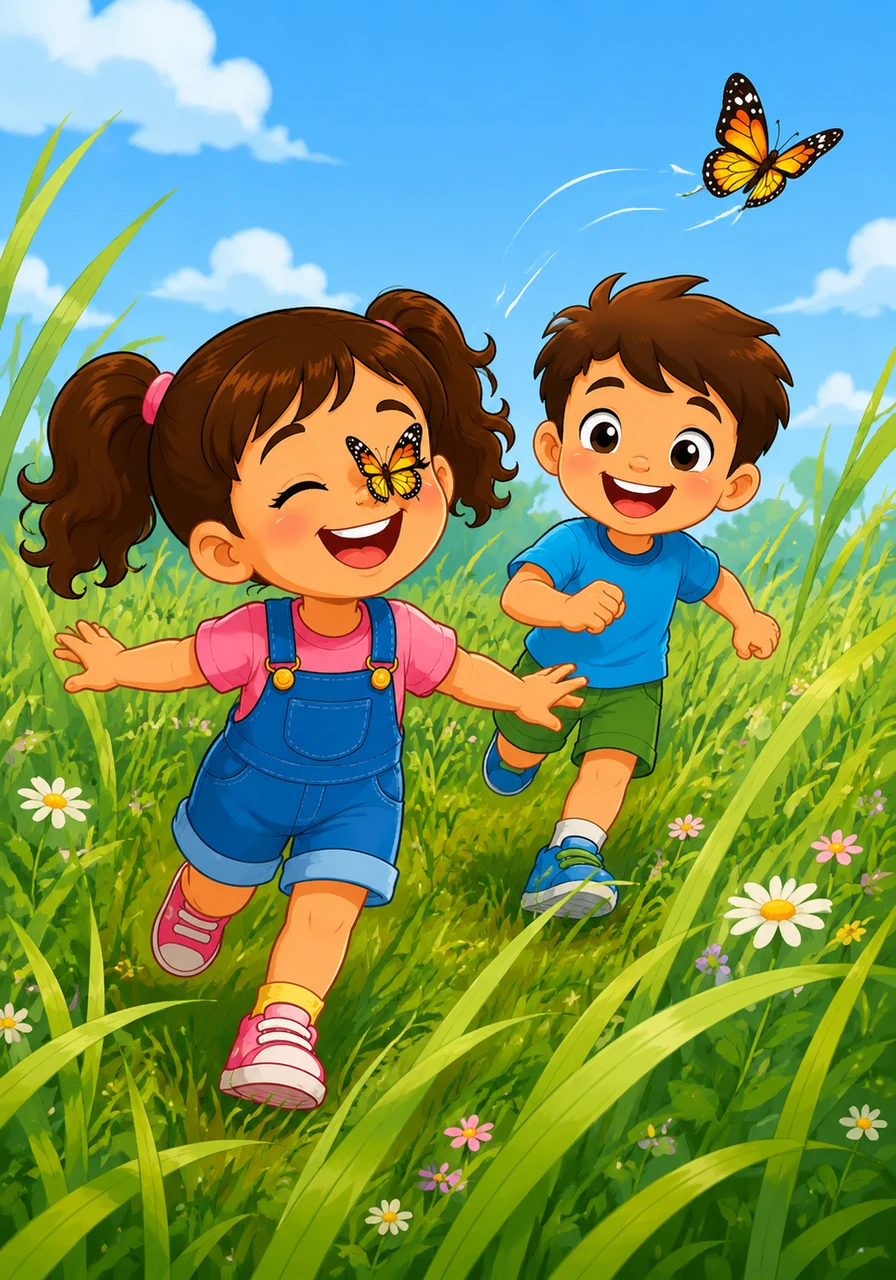 A friendly butterfly lands on Mia's nose, making them both giggle uncontrollably. They watch in awe as it flutters away, leading them on a chase through the tall, swaying grass.