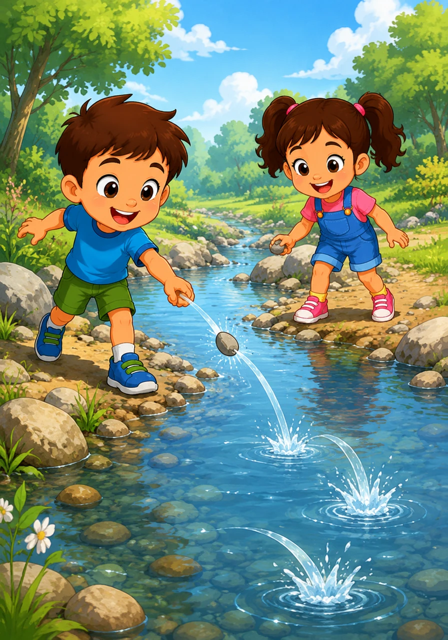 They reach the sparkling brook, where they skip smooth stones across the water’s surface. The rhythmic splash of the rocks creates a playful melody that echoes in the quiet afternoon.