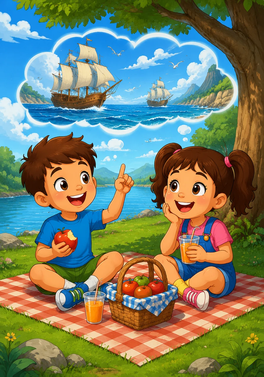 Tired from their adventures, they sit on the grassy bank and share a simple picnic of apples and juice. They talk about their dreams, imagining themselves sailing on ships across vast, mysterious oceans.