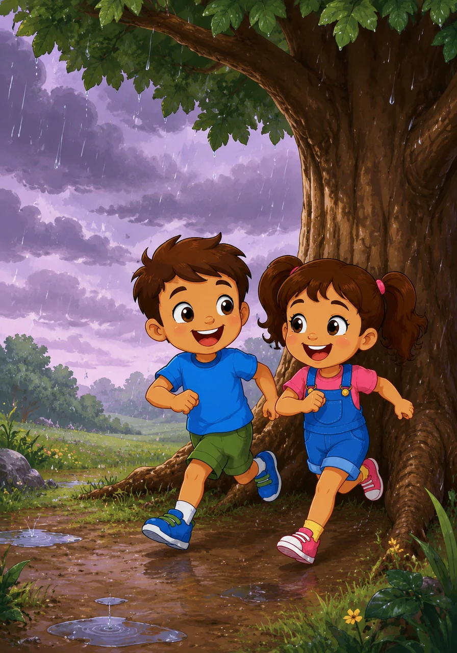 Suddenly, the clouds gather, painting the sky in soft shades of lavender and gray. Leo and Mia race back to the shelter of the big oak tree, laughing as the first gentle raindrops begin to fall.