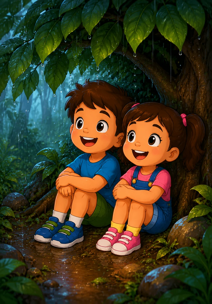 They huddle together under the thick canopy, listening to the soothing pitter-patter of the rain on the leaves. It feels like a cozy, secret world just for the two of them, safe and warm.