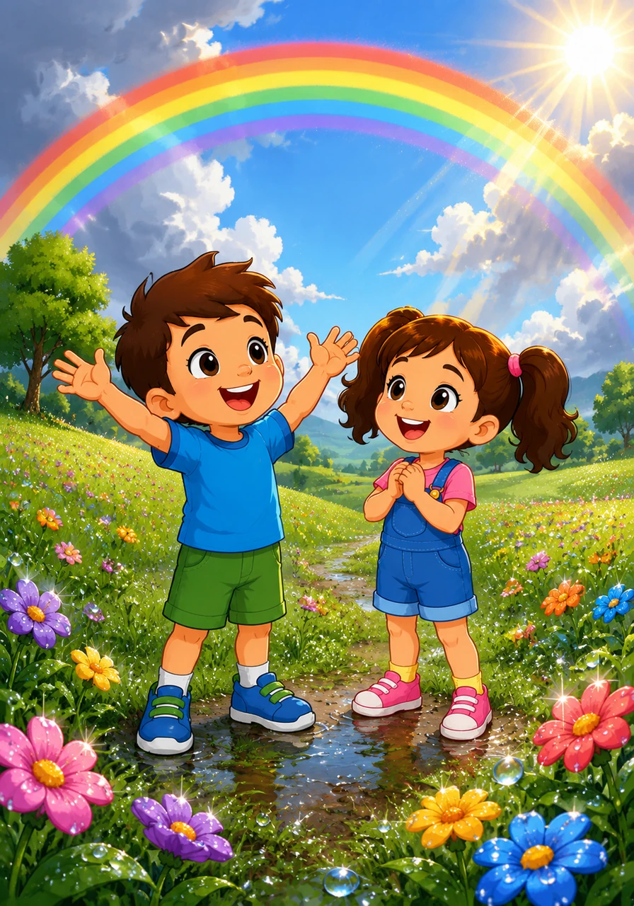 The rain stops as quickly as it began, leaving behind sparkling droplets on every petal and blade of grass. The sun peeks through, creating a brilliant rainbow that arches gracefully over the meadow.