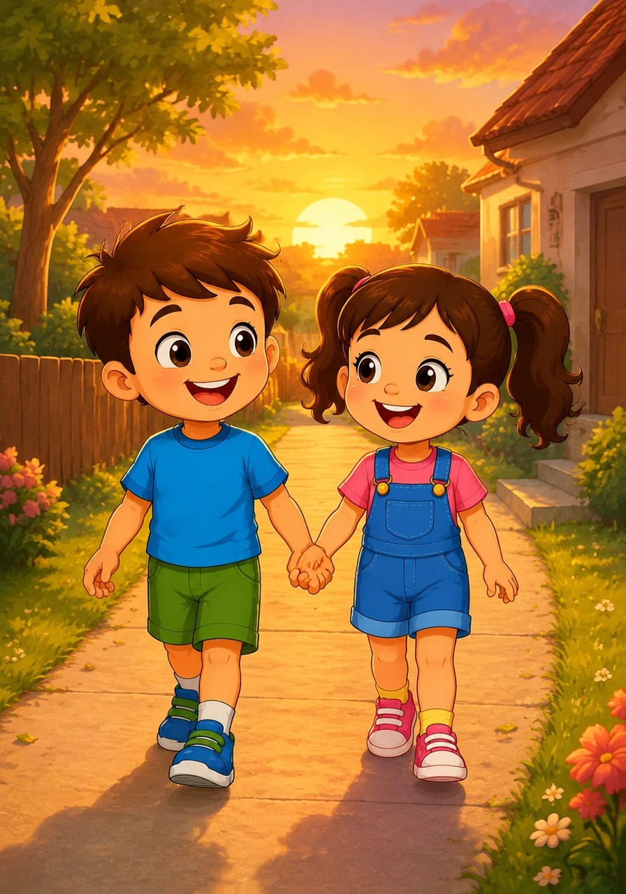 Hand in hand, Leo and Mia walk back home as the golden hour light bathes the landscape. They smile, knowing that today’s simple joy will be a memory they cherish forever.