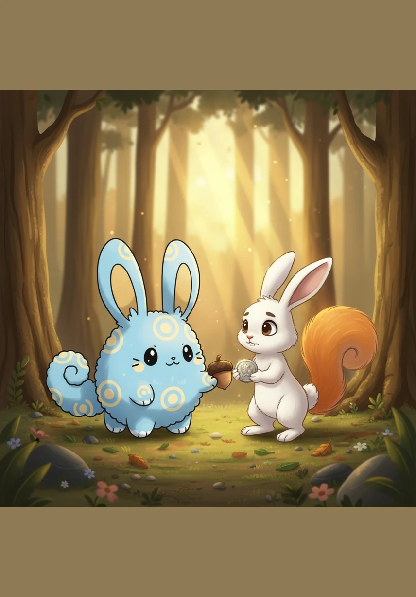 Mai târziu, Pipo îi dă aluna iepurașului Țup, care era foarte flămând după o zi lungă de joacă, iar acesta îi oferă în semn de mulțumire o monedă veche de argint. Acesta este primul pas real al lui Pipo spre înțelegerea valorii banilor și a ajutorului reciproc între prieteni. Moneda strălucește frumos în lumina soarelui.