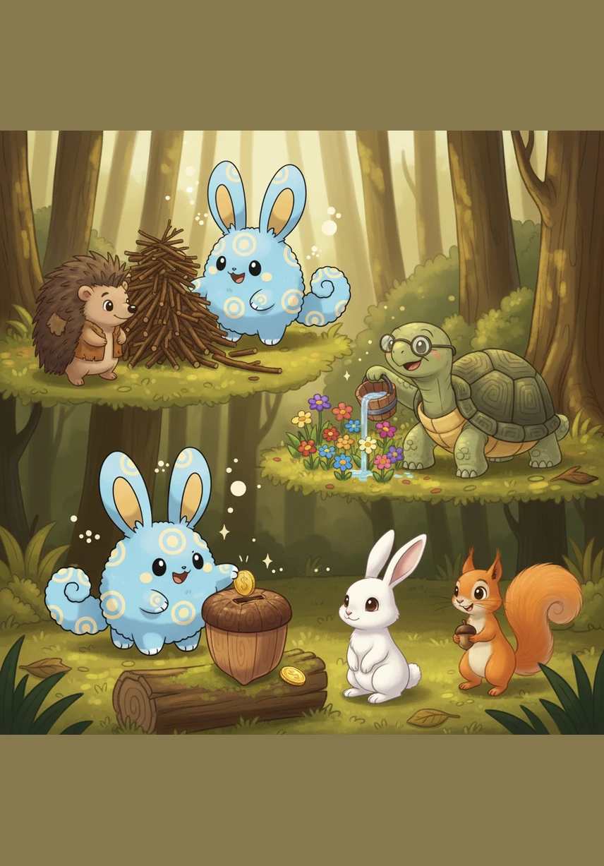 Pipo începe să ajute celelalte animale din pădure, adunând vreascuri pentru arici sau cărând apă pentru florile bunicii țestoase, primind în schimb mici bănuți. Fiecare bănuț câștigat prin muncă este așezat cu mare grijă în pușculița sa dragă. El simte o bucurie nouă de fiecare dată când aude sunetul metalic al economiilor sale.