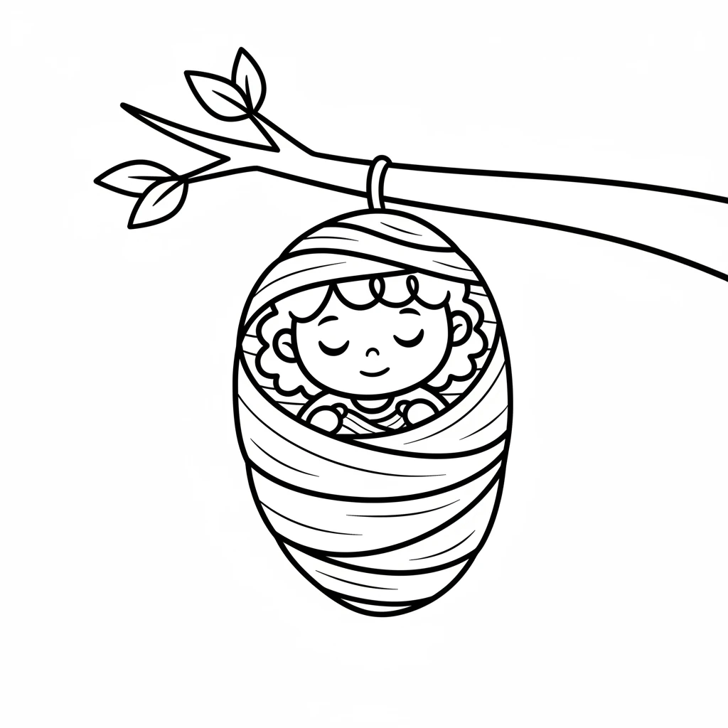 One day, Pip felt a sleepy wiggle. It was time for a change! She began to spin a silky home around herself. Soon, she was nestled inside a cozy chrysalis, ready for a long nap.