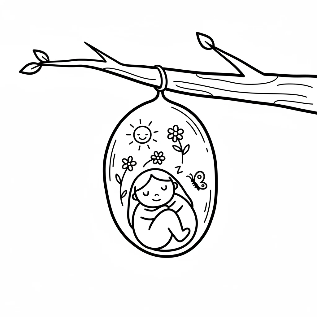 Inside her snug chrysalis, Pip dreamed sweet dreams. She dreamed of sunshine and flowers. She rested soundly, waiting for her new adventure to begin. The chrysalis hung gently from a branch.