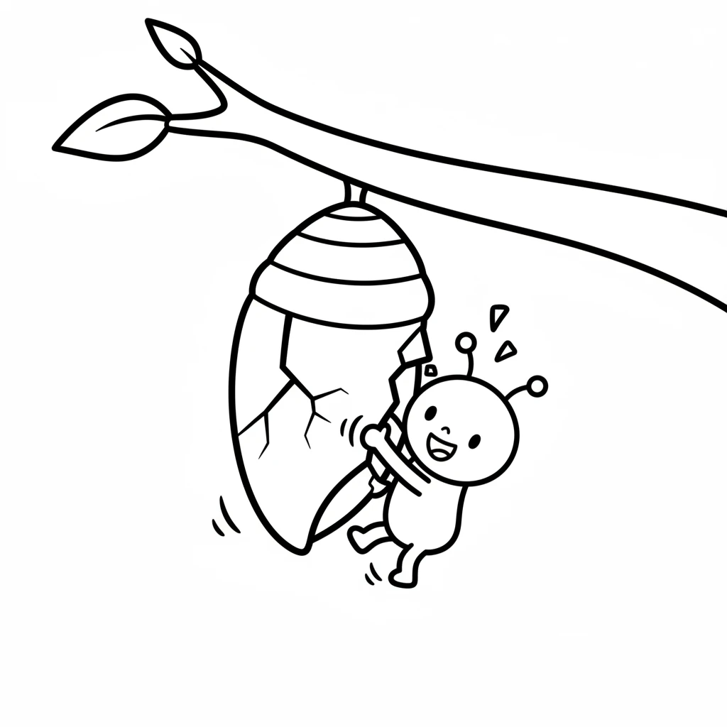 After many quiet days, a tiny crack appeared on the chrysalis. Then another, and another! Pip was waking up. She pushed and wiggled, feeling a new lightness.