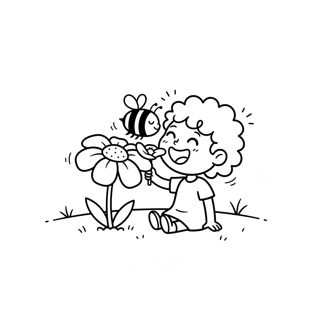 A friendly bumblebee buzzed by. Pip shared a flower with the bee, sipping sweet nectar together. They giggled, happy to have found a new friend on their journey.