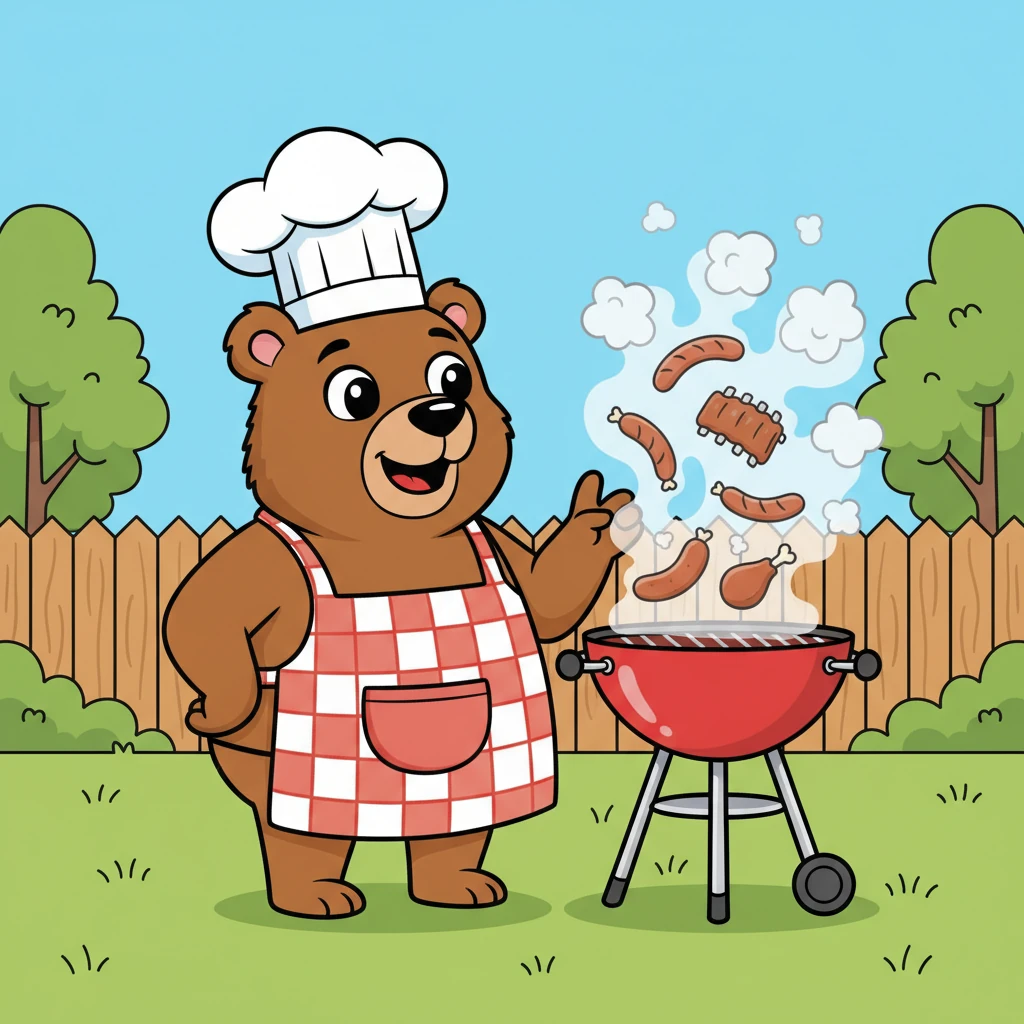Grill Master Gus, a cheerful bear with a big apron, gazes dreamily at his shiny, red grill in a sunny backyard. Swirling smoke shapes delicious food in his imagination as he anticipates a perfect BBQ day.