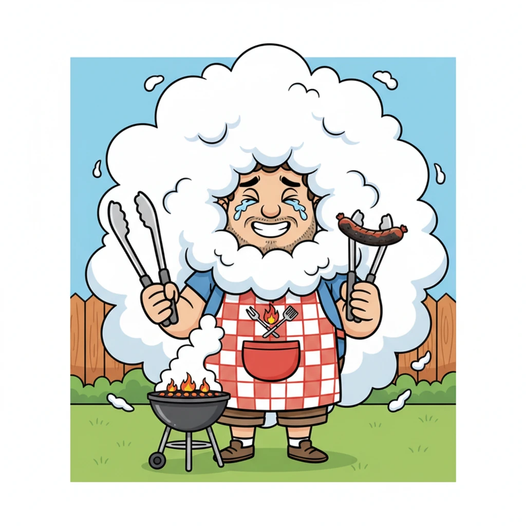 His first attempt at grilling is a hilariously smoky affair, with a comically burnt hot dog and a puff of smoke that makes his eyes water. Gus, undeterred, wears a determined grin, ready to try again.