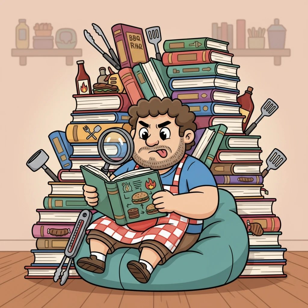 Gus sits surrounded by a towering stack of colorful BBQ books and gadgets, his brow furrowed in concentration. He meticulously studies diagrams of grilling techniques, eager to master every secret.