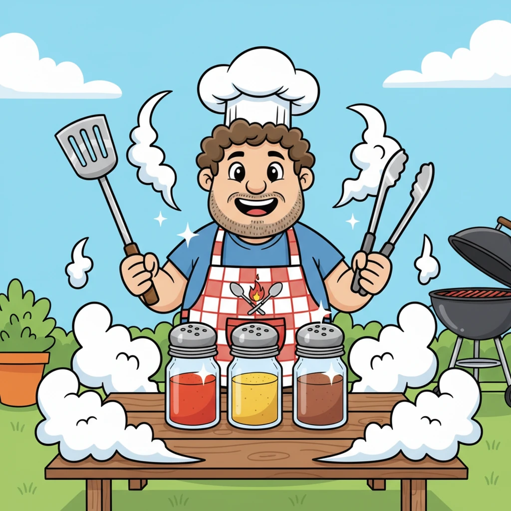 Gus proudly displays his collection of fantastic BBQ tools: an extra-long spatula, a giant pair of tongs, and sparkling spice shakers. Each item is polished and ready for action, a testament to his dedication.