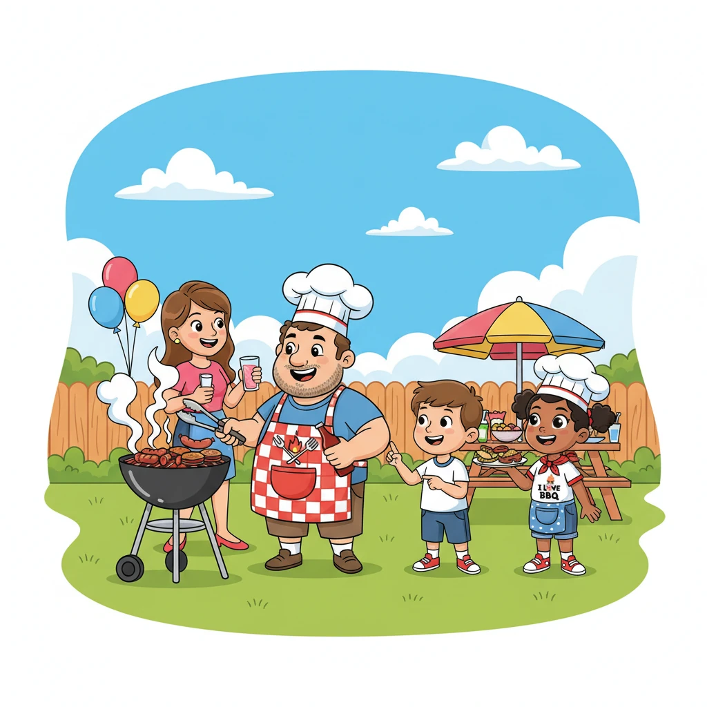 A lively backyard party is in full swing, with Gus at the helm of the grill, surrounded by laughing friends and family. Delicious aromas fill the air as everyone enjoys the feast under a bright blue sky.