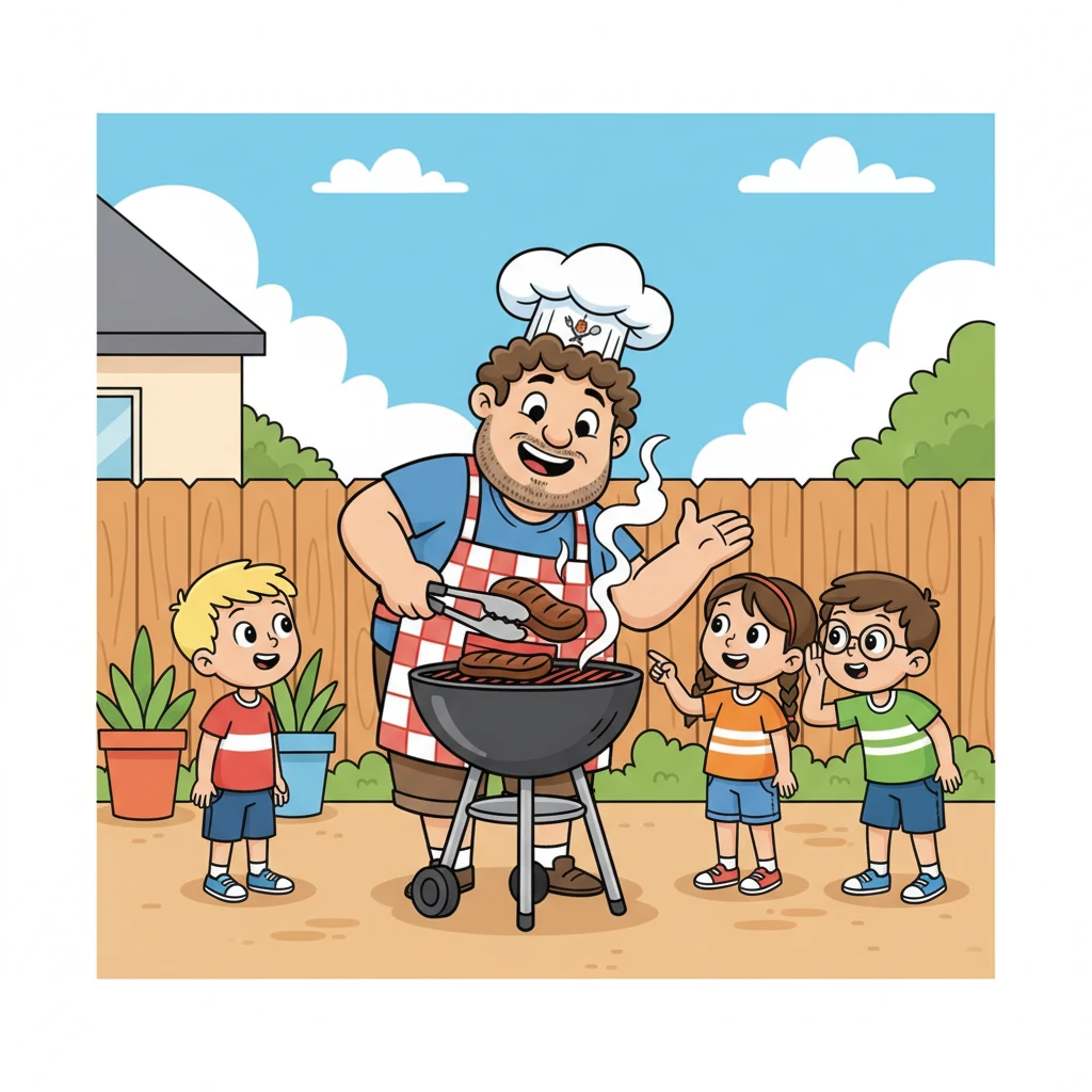 Friends gather around Gus, their eyes wide with curiosity, asking for his expert tips and tricks. Gus beams, happily demonstrating how to achieve the perfect sear on a sizzling steak.