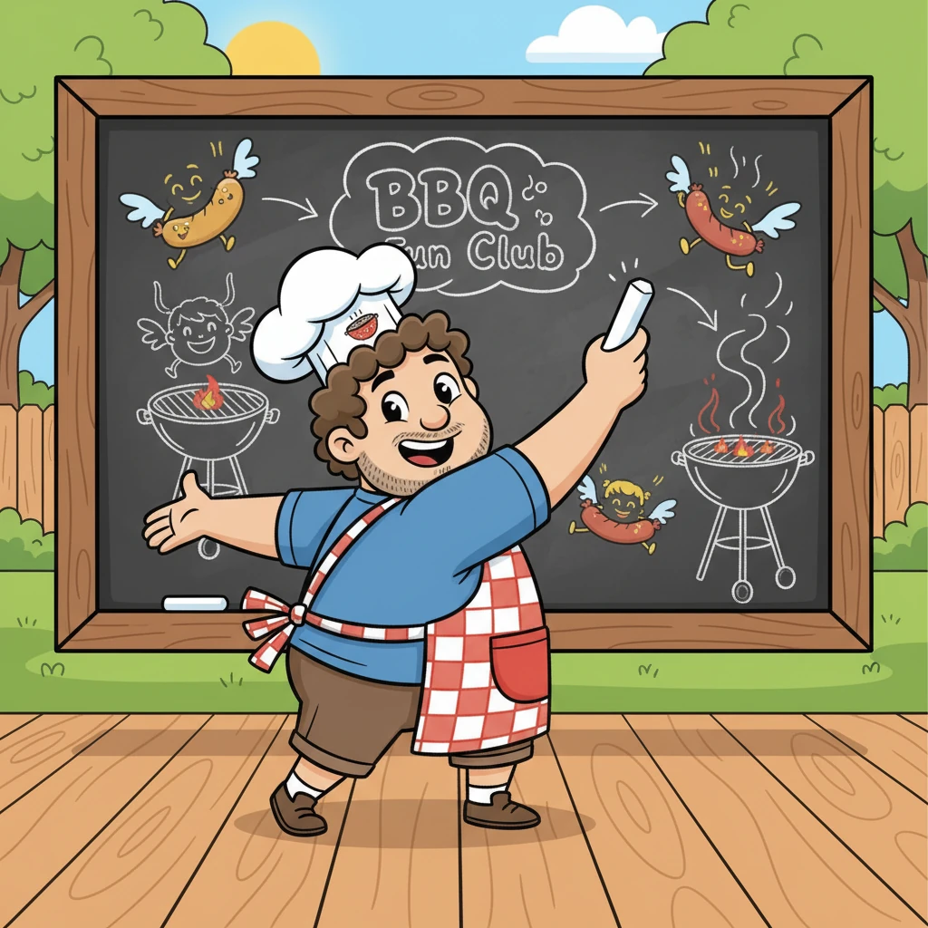 Inspired to share his knowledge, Gus sketches out a plan for his 'BBQ Fun Club' on a giant chalkboard. It's a whimsical drawing filled with happy faces, grills, and flying hot dogs.
