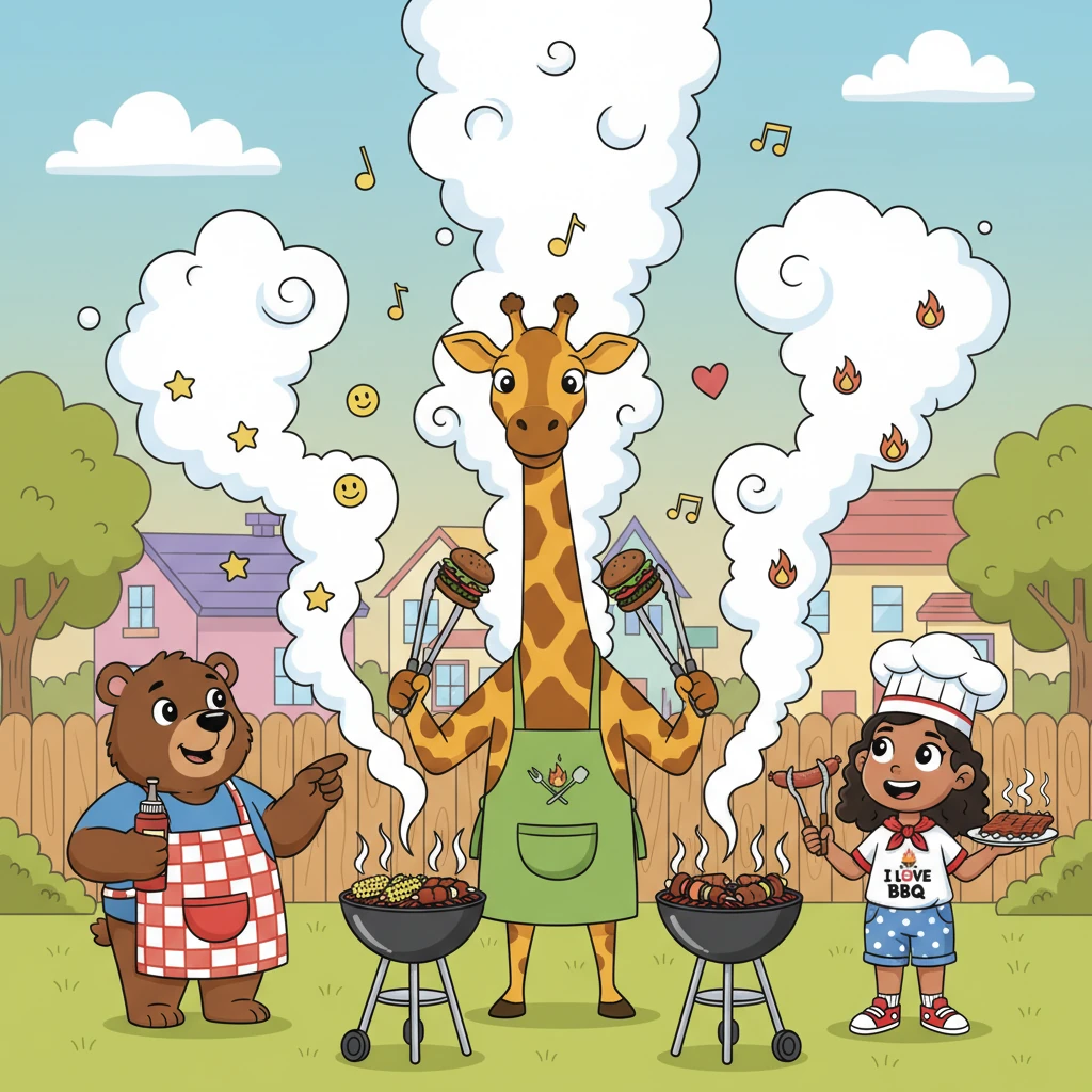 Across town, other animal friends are now happily grilling in their own backyards, using Gus's easy-to-follow advice. Smoke plumes spiral into the sky, carrying the scent of delicious food and newfound confidence.