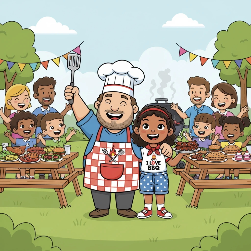 Grill Master Gus stands tall amidst his joyful community, spatula raised high in triumph, surrounded by a grand BBQ feast. Everyone is smiling, sharing stories, and celebrating the wonderful friendships forged over delicious grilled food.