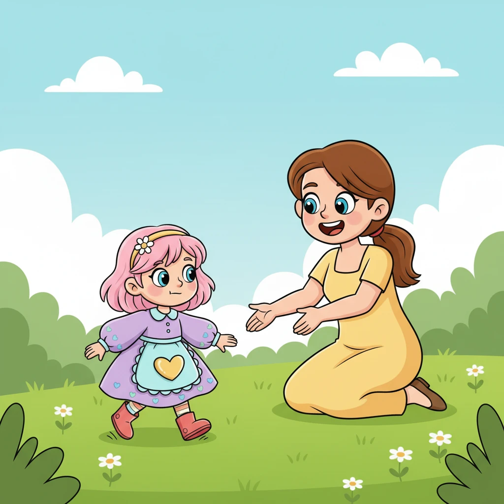 Un peu plus tard, Léa, petite et déterminée, fait ses premiers pas hésitants sur l'herbe verte. Sa maman, les bras tendus et le cœur rempli de fierté, l'encourage avec des mots doux et un grand sourire. Chaque pas est une nouvelle découverte, un pas vers l'autonomie.