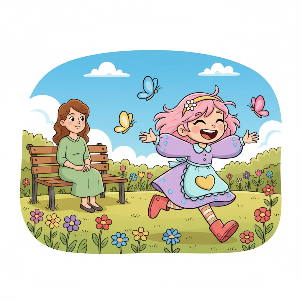 Léa rit aux éclats, courant après des papillons colorés dans un champ de fleurs ensoleillé. Sa maman est assise sur un banc voisin, son regard bienveillant ne la quitte jamais, s'assurant de sa sécurité tout en la laissant explorer. La joie pure de l'enfance remplit l'air.