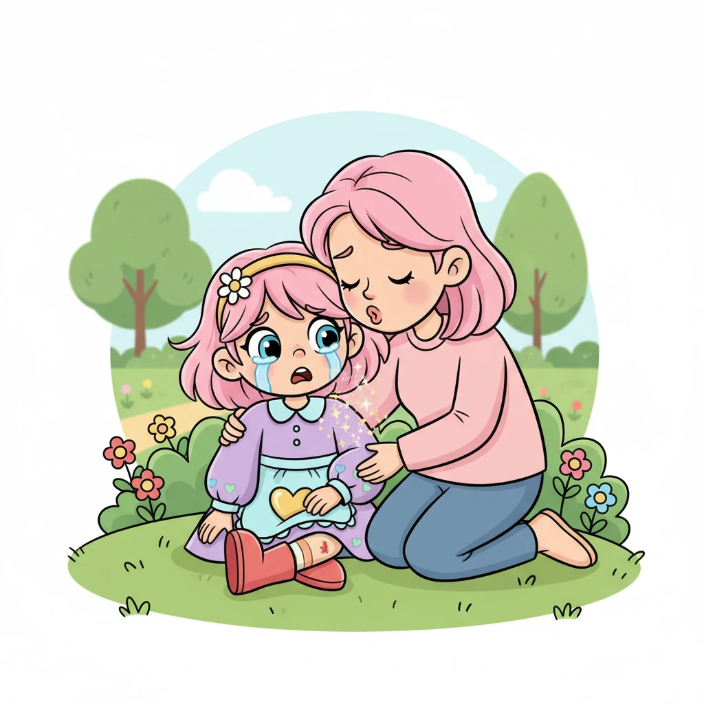 Un jour, Léa trébuche et se fait une petite éraflure au genou, les larmes montent vite. Sa maman arrive aussitôt, la prend dans ses bras, et souffle doucement sur la blessure avec un bisou magique. Le réconfort de maman est le meilleur des pansements.